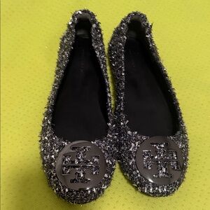 Tory Burch Silver and Black Textured Flats